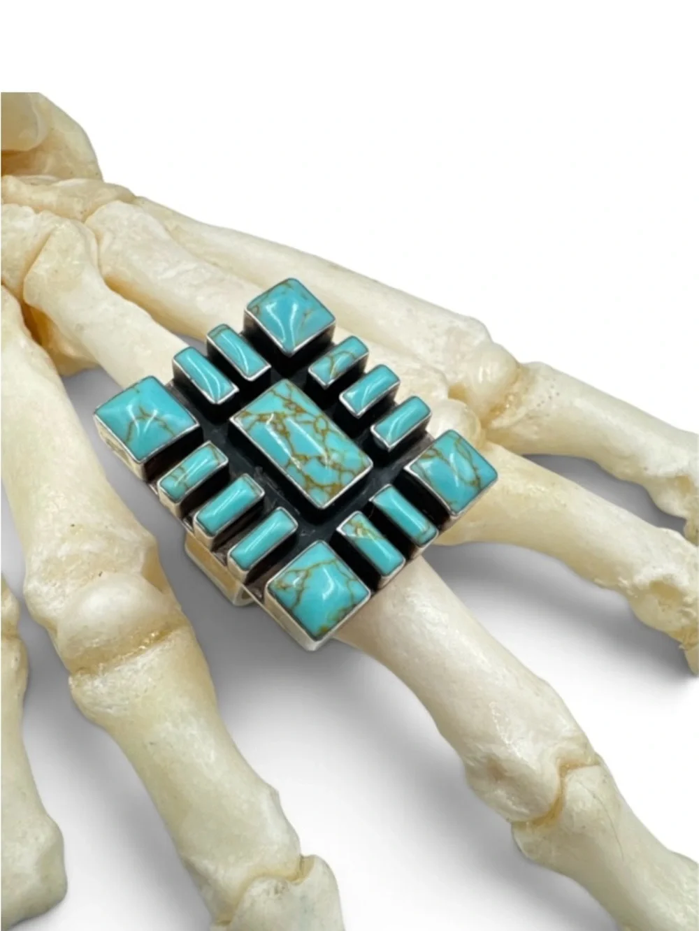 Vintage Sterling Silver Turquoise Geometric Mosaic Statement Ring Size 9